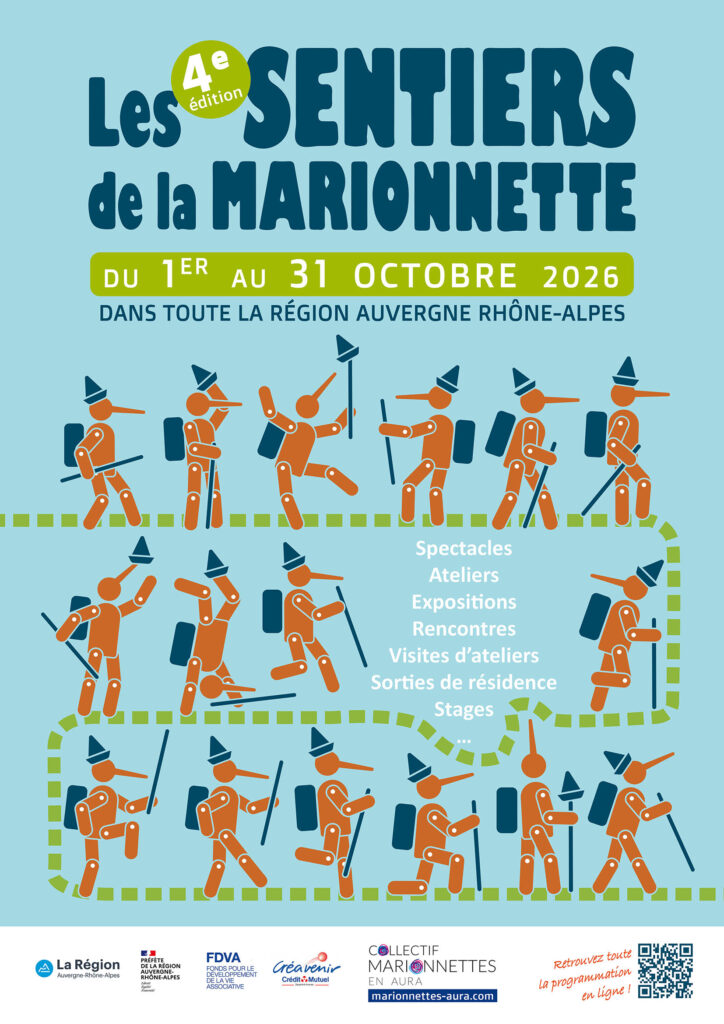 Affiche des Sentiers de la marionnette, 4e édition, du 1er au 31 octobre 2026 dans toute la région Auvergne-Rhône-Alpes : des marionnettes de randonneurs au long nez suivent un sentier. Spectacles, ateliers, expositions, rencontres, visites d'ateliers, sorties de résidence, stages.